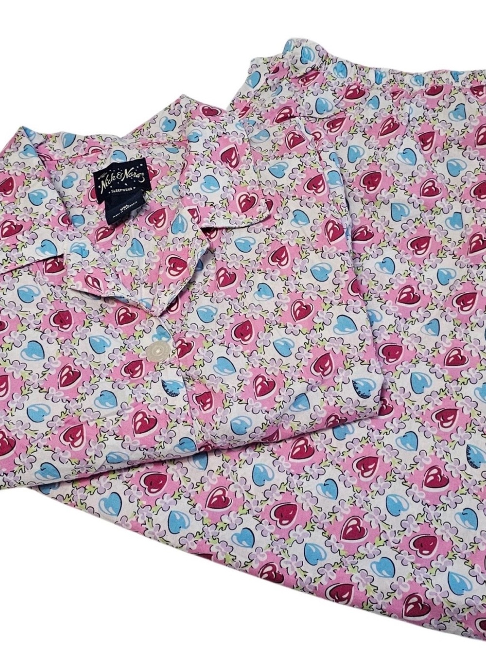 Vtg Nick and Nora pajama set retro cotton heart long sleeve size m